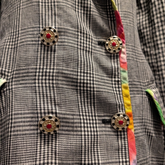 RARE Vintage Emanuel Ungaro Black and White Plaid Blazer Tie Dye Trim - Picture 4 of 10